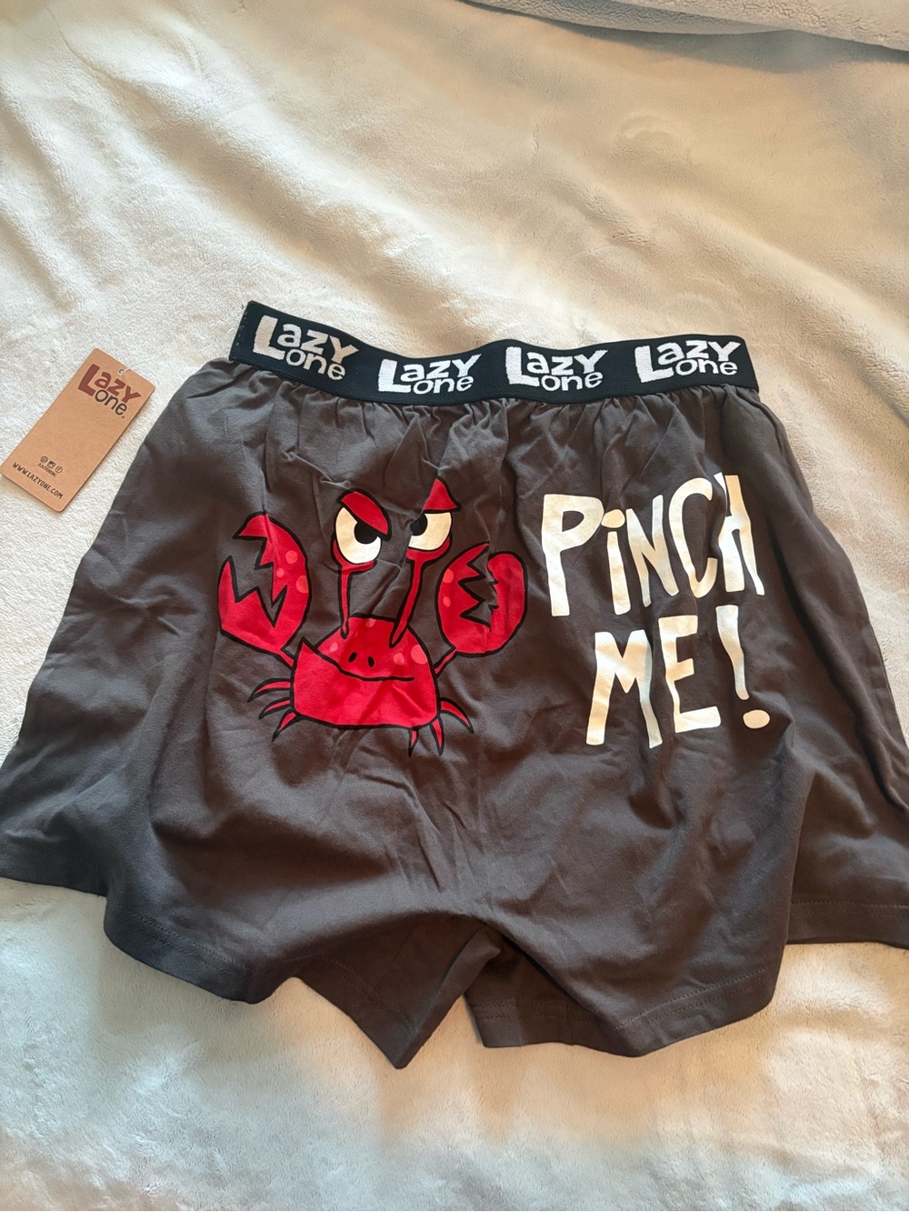Lazy One Men’s Gray Shorts with Red Crab and White Text